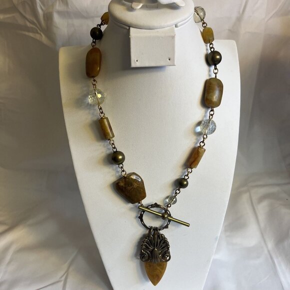 Designer Jan Michaels San Francisco brass carved quartz  Necklace. - Picture 1 of 8